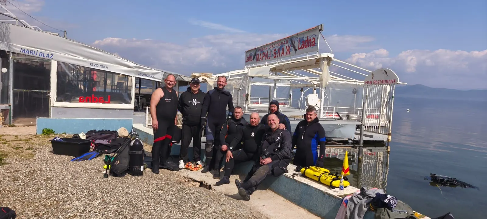 Group photo of the Amphibia team in front of the Marija Blaž — Ladna restaurant at Lake Ohrid